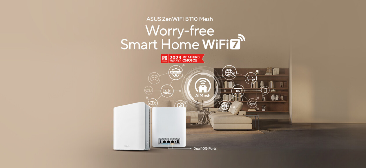 ASUS ZenWiFi BT10 mesh routers with software and IoT icons over a modern zen-style home background, featuring the PCMag 2023 Readers' Choice Award logo.